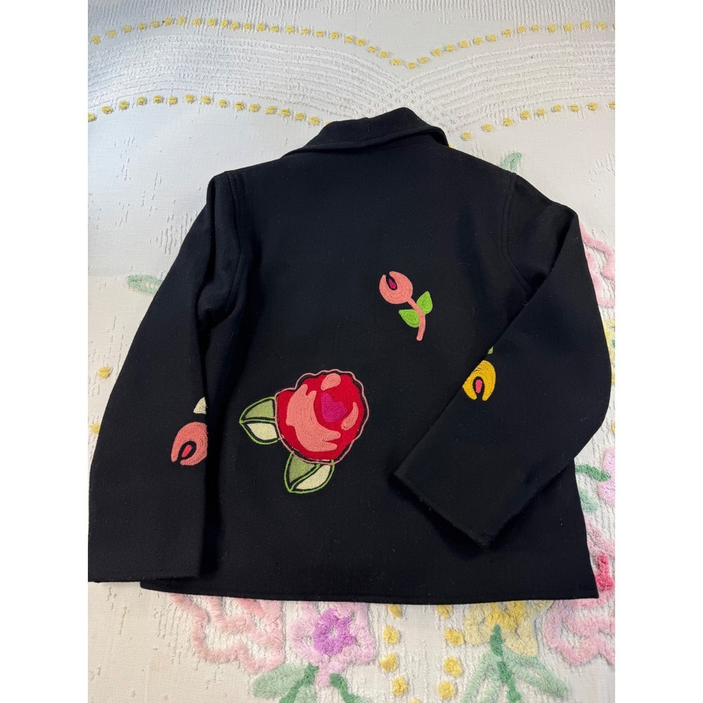 Parsley & Sage vtg Womens Black 100% Wool Floral Applique Jacket Brooch Size M - Picture 2 of 8